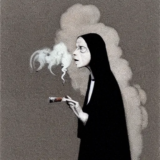 Prompt: a young black nun smoking and puffing lots of smoke, minimalistic background, by Beksinski