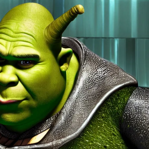 Image similar to film still of Shrek as Morpheus in The Matrix, full-shot, 4k