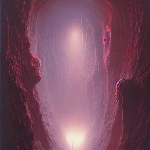 Image similar to will farrell entering a chasm full of unspeakable cosmic horrors, horror, blood red, terrifying atmosphere, atmospheric, by greg rutkowski and zdzisław beksinski, 8 k