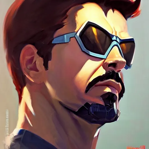 Image similar to greg manchess portrait painting of tony stark as overwatch character, totally whack, medium shot, asymmetrical, profile picture, organic painting, sunny day, matte painting, bold shapes, hard edges, street art, trending on artstation, by huang guangjian and gil elvgren and sachin teng