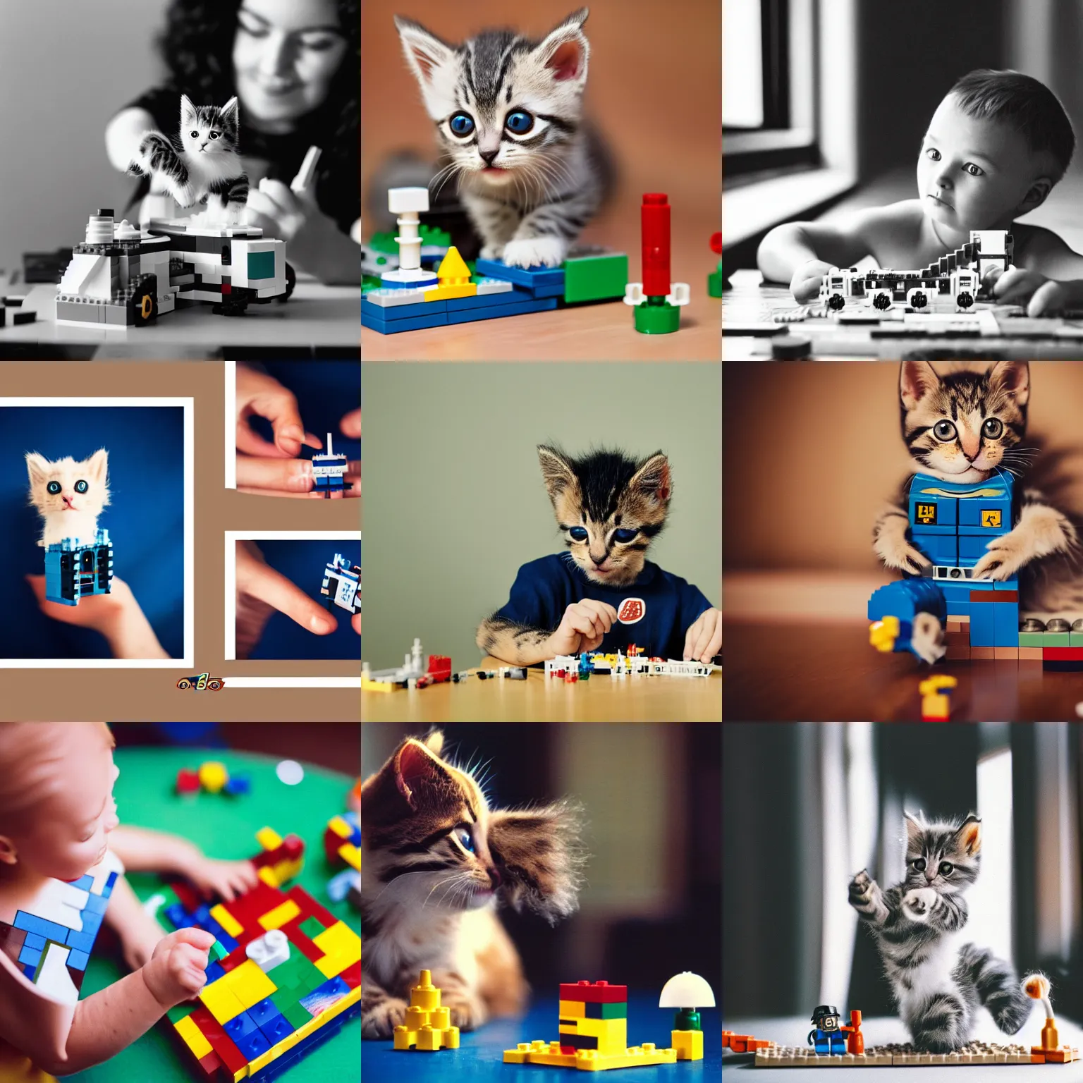 Prompt: a cute kitten building a lego spaceship, 35mm, portrait, studio photography, award winning