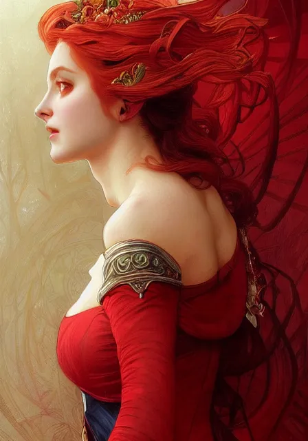 Image similar to portrait of red queen, intricate, elegant, highly detailed, digital painting, artstation, concept art, smooth, sharp focus, illustration, art by artgerm and greg rutkowski and alphonse mucha and william - adolphe bouguereau