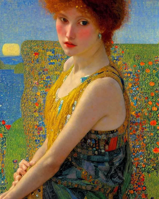 Prompt: a beautiful girl watching the sunset surrounded by colourful intricate patterns, by gustave klimt edgar maxence and caravaggio and michael whelan, intricate painting, hyper realistic, extremely detailed and beautiful aesthetic face, 8 k resolution