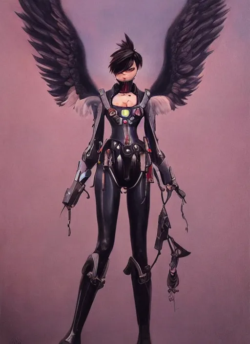 Image similar to full body artwork of tracer overwatch wearing leather collar in style of zdzisław beksinski, angel wings, dramatic painting, symmetrical composition, wearing detailed leather collar, black shiny armor, chains, black harness, detailed face and eyes,