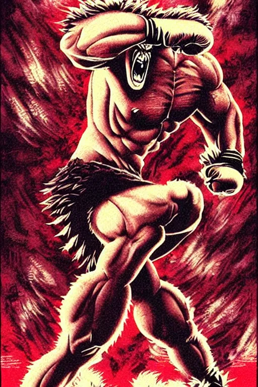 Image similar to extreme long shot. 8 bit nes graphics. antropomorphic muscular masculine wolf. kickboxer fighter, in shorts. wolf head. angry. fine details, very sharp, art from nes game cartridge, 8 0's, vhs artefacts, vaporwave style, marc simonetti and hermann nitsch and anish kapoor.