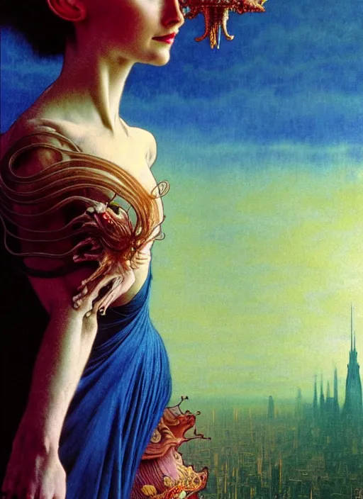 Image similar to realistic detailed portrait movie shot of a prima ballerina wearing a dark robes, sci fi city landscape background by denis villeneuve, amano, yves tanguy, alphonse mucha, ernst haeckel, max ernst, roger dean, masterpiece, rich moody colours, dog teeth, blue eyes, sunset