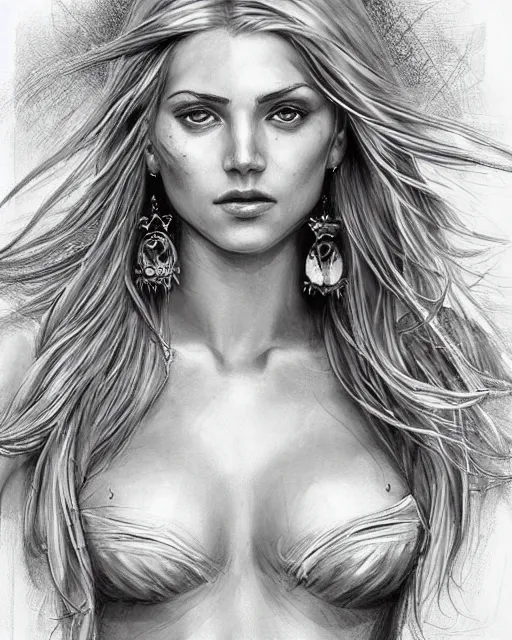 Image similar to tattoo sketch of beautiful greek goddess aphrodite with arrowhead earrings, beautiful piercing eyes, flowing blonde hair, realistic face, hyper realistic, in the style of greg rutkowski, fantasy, amazing detail, epic, intricate, elegant, smooth, sharp focus