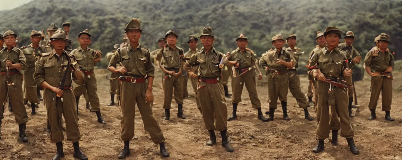 Image similar to a brigade of gurkhas pose valiantly after a well - foughtt victory, small details, intricate, 5 0 mm, cinematic lighting, photography, wes anderson, film, kodachrome