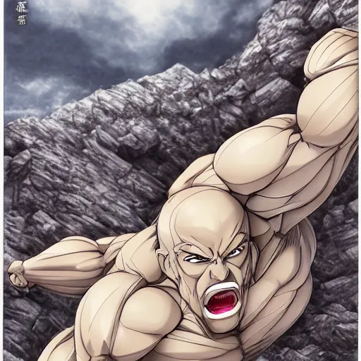 Image similar to a crawling mountain of muscles, highly detailed, anime, pale colors, award winning pictures, by studio mappa, by studio wit