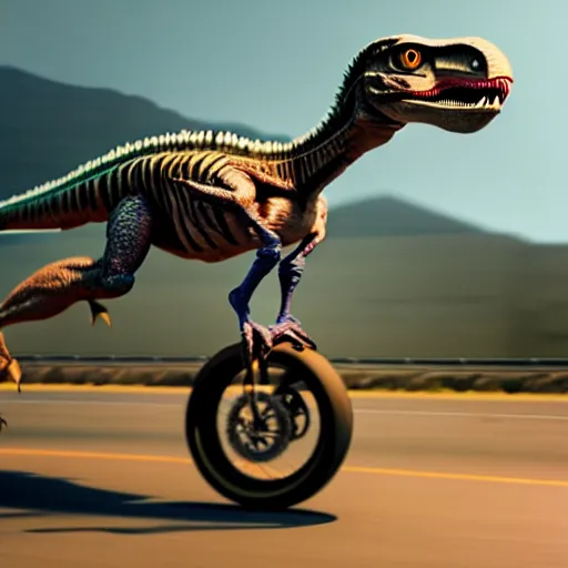 Image similar to a velociraptor riding a motorbike, photorealistic 3 d octane render, unreal engine, make it look like it was made by dall - e 2