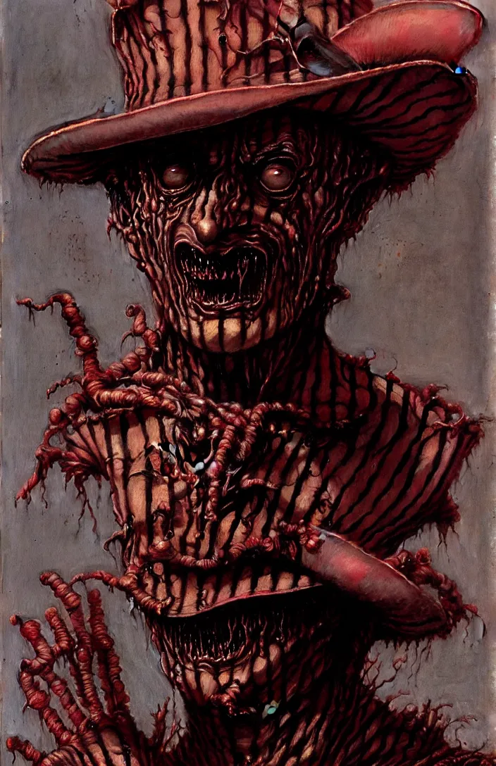 Image similar to freddy krueger in the style of wayne barlowe, gustav moreau, goward, bussiere, roberto ferri, santiago caruso, luis ricardo falero, dali