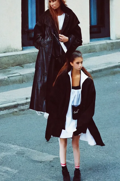 Image similar to high quality realistic street photo of girl, stylish hairstyles, clothes in the style of 1 9 9 0, fashion style clothes from maison margiela and off - white ; kodak ektar, 2 0 0 iso, 3 5 mm lens, bill henson style beautiful chiaroscuro lighting, beautiful colour palette, beautiful and realistic, wide shot