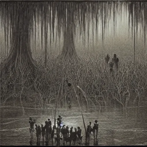 Prompt: occult members gather in a louisiana bayou swamp, highly detailed horror beksinski painting