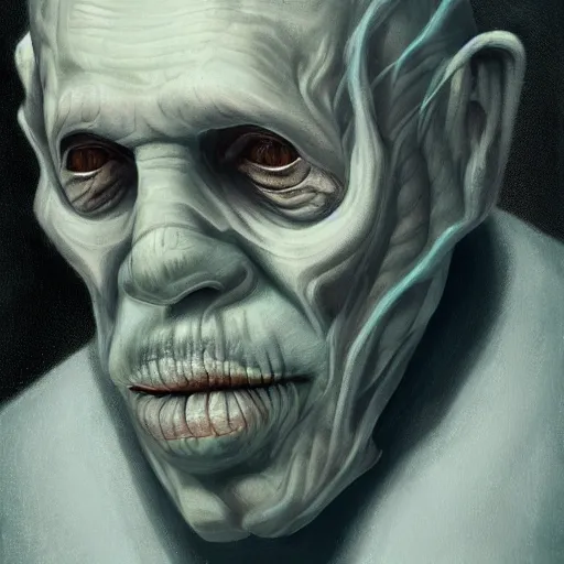 Image similar to eerie portrait of creepy pale old man with fish like facial features and gills in his neck, painted, fish man, trending on art station, love craftian, dark lighting