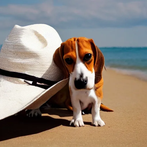 Image similar to a beagle in summer beach wearing hat