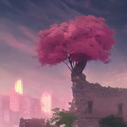 Image similar to apocalyptic ruins. pink tree in the center. Atmospheric lighting, gloomy, life growing out of ruins. Makoto Shinkai, anime, trending on ArtStation, digital art.