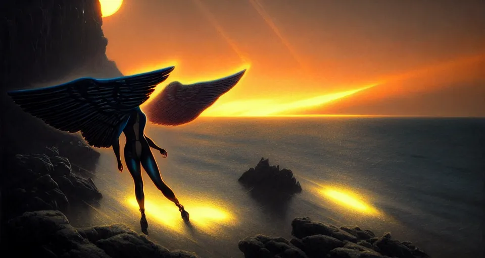 Image similar to tron wings in front surreal sunset, cliffside ocean scene, backlit, aesthetic, diffuse lighting, hyper realistic, elegant, intricate, hyper detailed, smooth, sharp focus, concept art, illustration, trending on artstation, art by artem demura, greg rutkowski, james gurney, and alphonse mucha