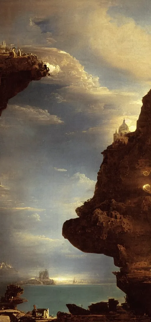 Prompt: fantasy matte painting of a city-size glowing pipe organ hanging on the side of a massive cliff, dark stormy weather by Canaletto and