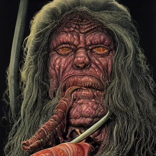 Prompt: gandalf, bloated, fluid, smooth, organic, crazy, bright, colours, tumours, high contrast, sharpness, dramatic, very detailed, intricate, by giger and corben and moebius and beksinski and bosch and bacon