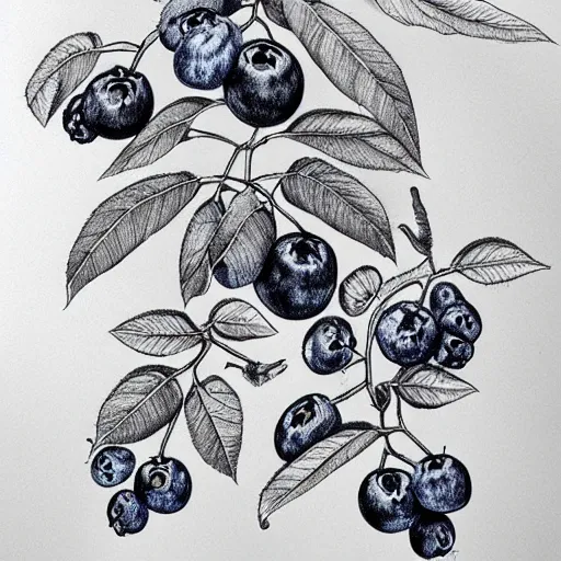 Image similar to botanical drawing of blueberry bush. Traditional art. Rustic. Nordic. Trending on artstation. Detailed. Shrub. Nature. Artistic.