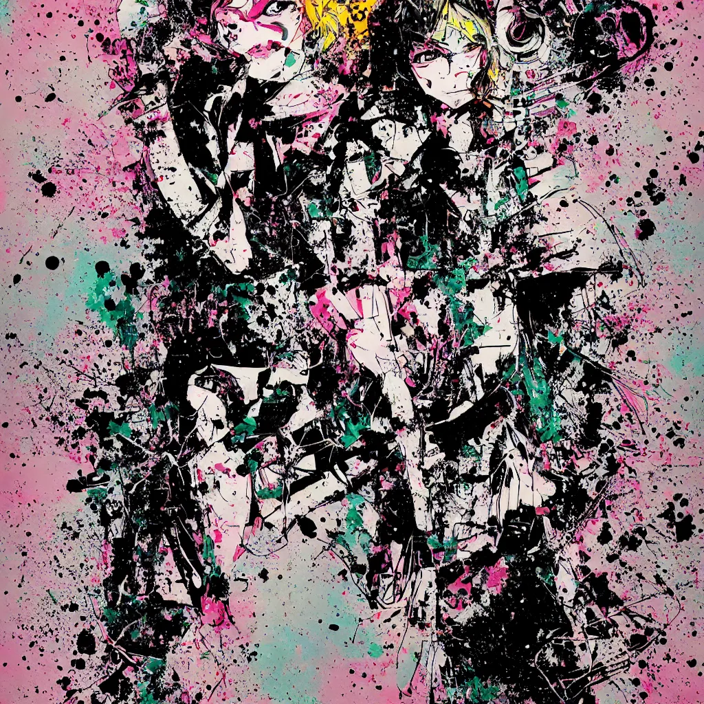 Image similar to girl figure, abstract, jet set radio artwork, ryuta ueda artwork, cryptic, rips, spots, asymmetry, stipple, lines, glitches, color tearing, pitch bending, stripes, dark, ominous, eerie, hearts, minimal, points, otomo katsuhiro artwork, technical, natsumi mukai artwrok, folds