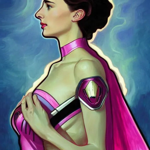 Image similar to a moderne painting of gal gadot as the pink power ranger in the style of charlie bowater, and in the style of alphonse mucha. sharp focus, semi - realism, intricate detail.