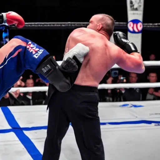 Prompt: Marine Le Pen punching Emmanuel Macron in a MMA ring