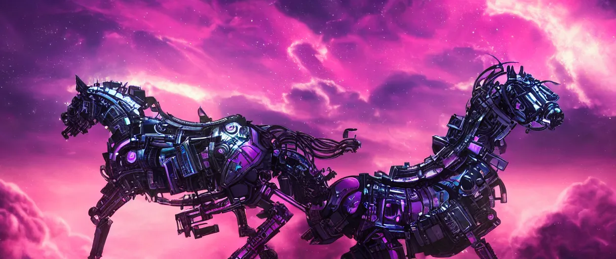 Image similar to space, a mechanical horse with a pink mohawk drives a pirate spaceship, punk, hyperdetailed illustration, stars, pink, neon, oil painting, rich deep colors masterpiece, ultra detailed, contrast, heaven pink, clouds, volumetric light, atmospheric lighting, dramatic, cinematic, moody, octane render 4 k, 8 k