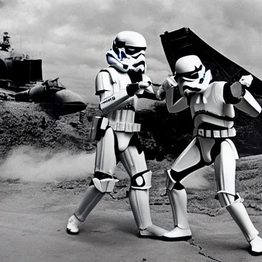 Prompt: stormtrooper fighting in ww2, star destroyer flying in the background