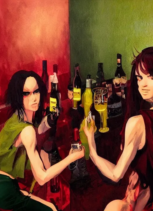 Image similar to glam rockers drinking brutal and raw wine, inside a green room with red lights, renaissance painting, loish, makoto shinkai, phil hale, extremely detailed