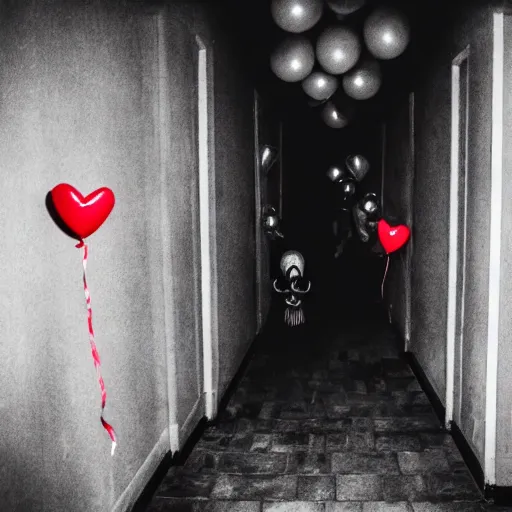 Image similar to Sinister ghost of an old crone with sunken eyes and a grimace smile with red balloons standing ominously at the end of a dark corridor. Horror HD photo