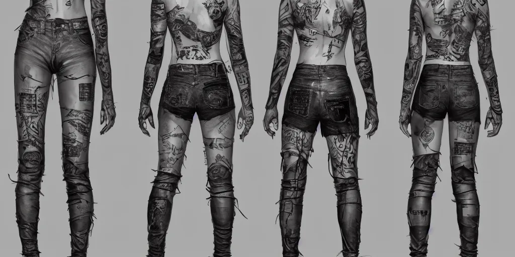 Prompt: tattooed shady noir girl, wearing scratched and ripped leather shorts and a short jacket full of stamps and stitches, character sheet, fine details, concept design, contrast, kim jung gi, greg rutkowski, trending on artstation, 8 k, full body, turnaround, front view, back view, ultra wide angle