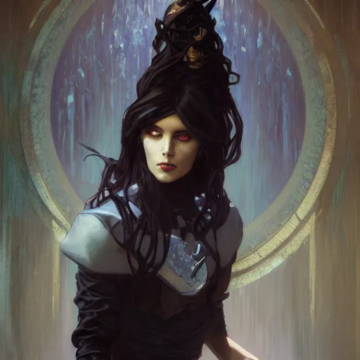 Image similar to oil painting of evil grumpy dark haired women, ice mage by travis charest, alphonse mucha, and greg rutkowski, black coat, black makeup,, shooting ice, fantasy artwork, fantastic artwork, 4 k, trending on artstation