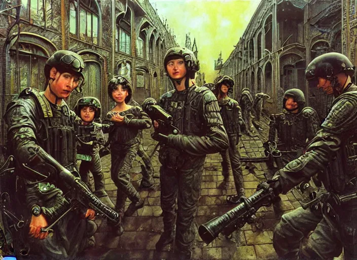 Prompt: realistic detailed image of a group of kids and police swat in an old soviet yard in st petersburg. by Ayami Kojima, Amano, Karol Bak, Greg Hildebrandt, and Mark Brooks, Neo-Gothic, gothic, rich deep colors. Beksinski painting, part by Adrian Ghenie and Gerhard Richter. art by Takato Yamamoto. masterpiece