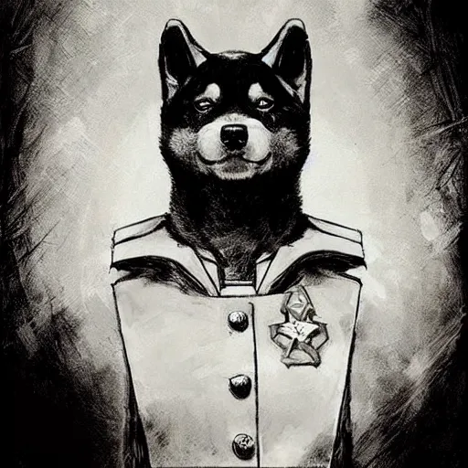 Image similar to portrait of a communist shiba inu dog as a political commissar, tragic, elegant, fantasy, hd shot, digital portrait, beautiful, artstation, comic style, by artgerm, guy denning, jakub rozalski, magali villeneuve and charlie bowater