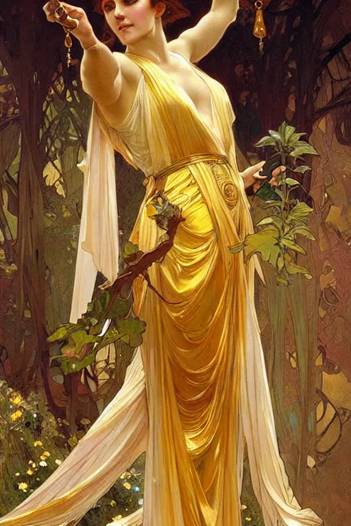 Image similar to A goddess wearing golden clothes, holding a phone, fantasy, painting by greg rutkowski and alphonse mucha