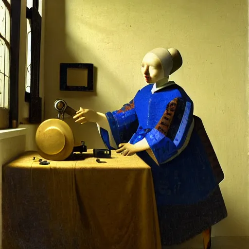 Image similar to a portrait of a detailed cybernetic robot by vermeer