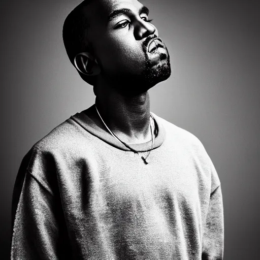 Prompt: the face of young kanye west wearing yeezy clothing at 3 2 years old, black and white portrait by julia cameron, chiaroscuro lighting, shallow depth of field, 8 0 mm, f 1. 8