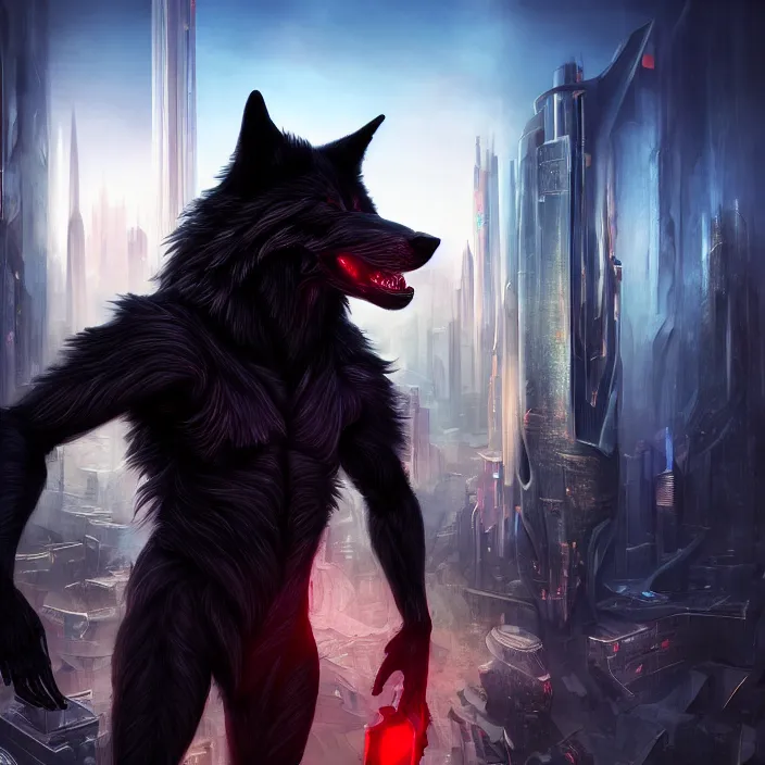 Image similar to portrait of male anthropomorphic black humanoid wolf, red hair, blue eyes, in a futuristic city, hyper detailed, digital art, trending on artstation, cinematic lighting, studio quality, smooth render, unreal engine 5 rendered, octane rendered, 1 : 1 aspect ratio