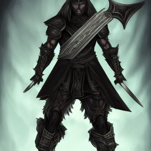 Image similar to a highly detailed character portrait of a man wearing a epic shadow armor holding sword of darkness