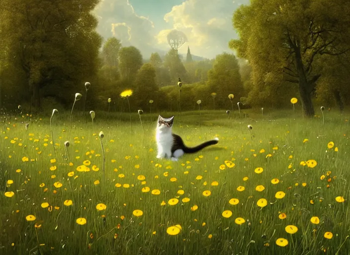 Image similar to the cat in the meadow from flowers : dandelions, poppy, tulip, chamomile, hyperrealism, no blur, 4 k resolution, ultra detailed, style of ivan shishkin, tyler edlin, tom bagshaw, arthur rackham,