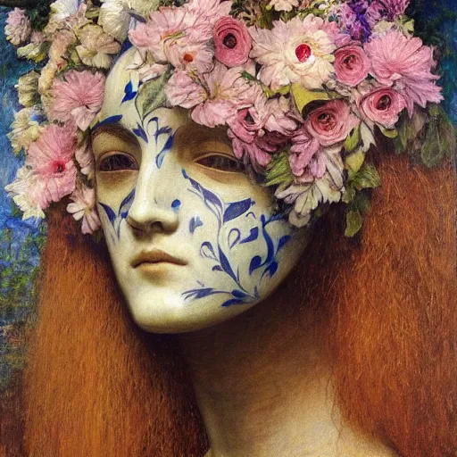 Image similar to masterpiece painting of a facemask made of flowers, by annie swynnerton and jean delville and tino rodriguez, flower mask, symbolist, dramatic lighting, god rays, elaborate geometric ornament, soft cool colors, smooth, sharp focus, extremely detailed