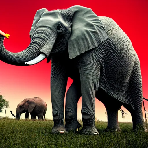 Prompt: a photorealistic photograph of an elephant drinking a giant red bull. film still, vibrant colors. this 4 k hd image is trending on artstation, featured on behance, well - rendered, extra crisp, features intricate detail, epic composition and the style of unreal engine.