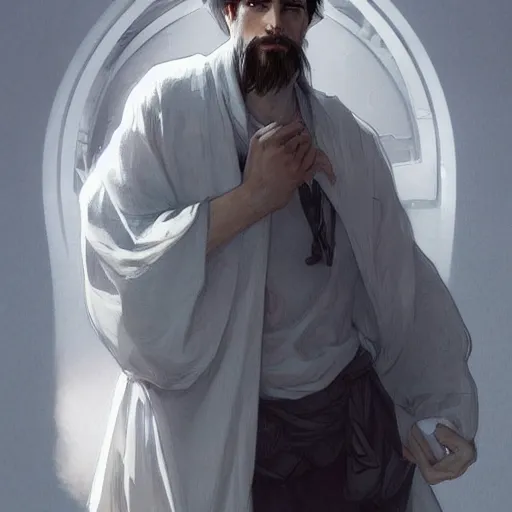Prompt: teen, young man, without beard, handsome, white clothed, white hair, daoist, artstation, concept art, highly detailed, style of greg rutkowski and alphonse mucha