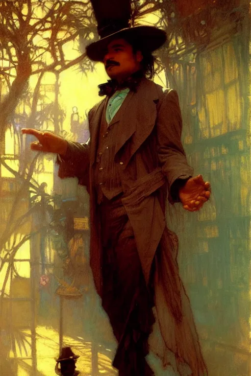 Image similar to honduran immigrant, dressed as a magician. christopher street, nyc, realistic painting by gaston bussiere, craig mullins, greg rutkowski, alphonse mucha