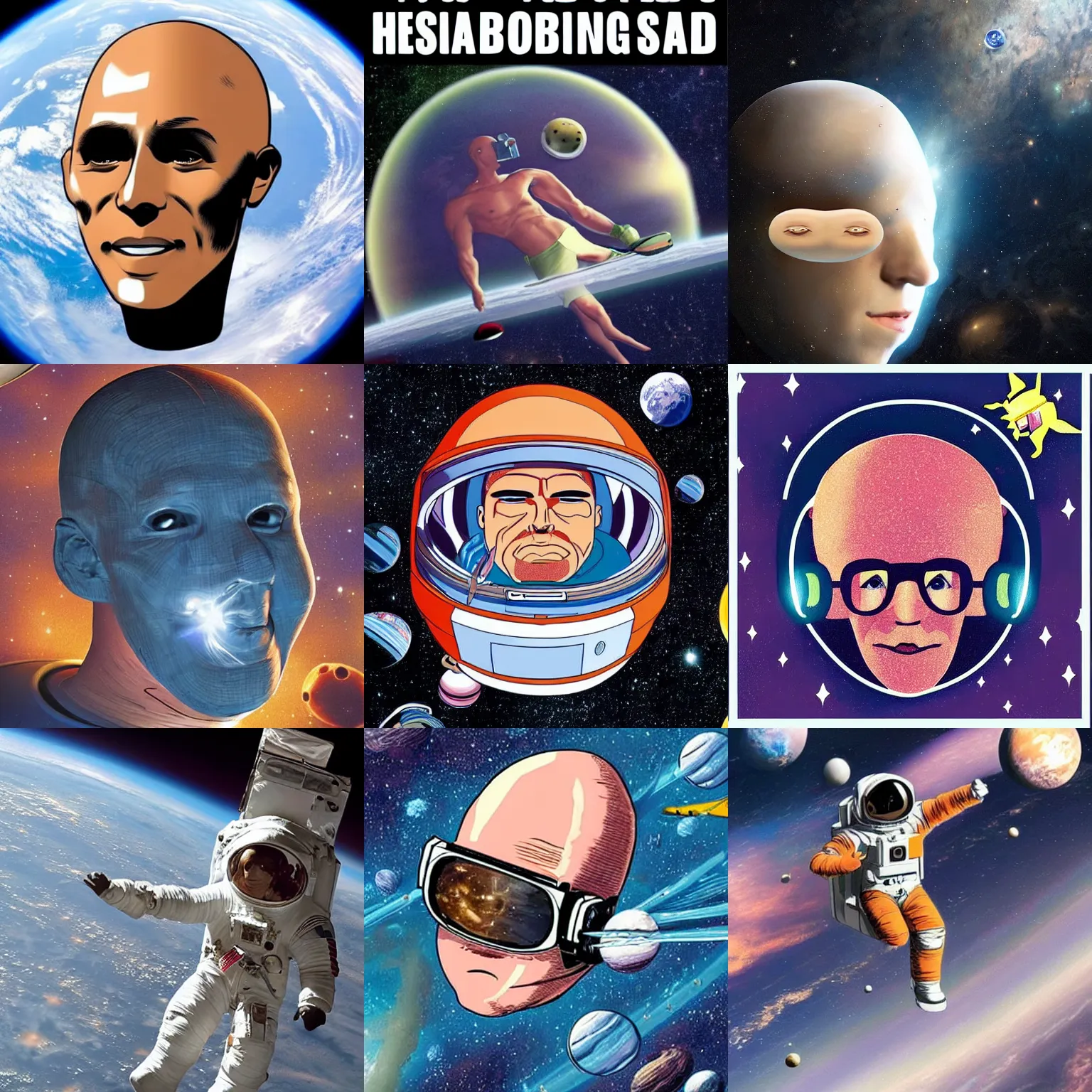 Prompt: a head!!! no bald body!!! floating!!! in space!!!