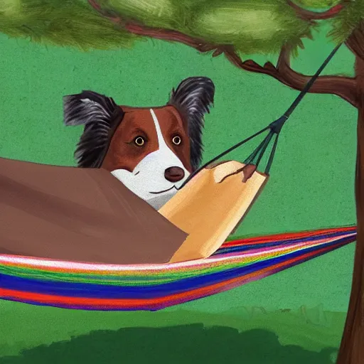 Image similar to brown border collie relaxing in a hammock drinking hot chocolate, digital painting