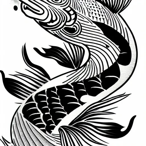 Image similar to black and white tattoo of koi fish with camelia flowers, on white background, japanese traditional style, stylized,