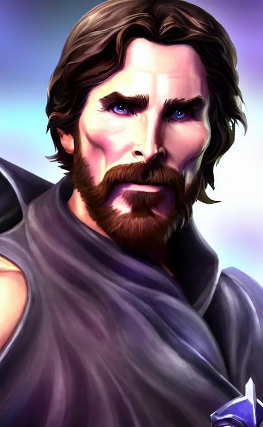 Image similar to Christian Bale as a character in the game League of Legends, with a background based on the game League of Legends, detailed face, old 3d graphics