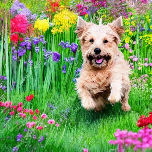 Image similar to A blond Norfolk terrier running and jumping through a field of beautiful flowers in the style of Studio Ghibli, very happy, detailed, award winning